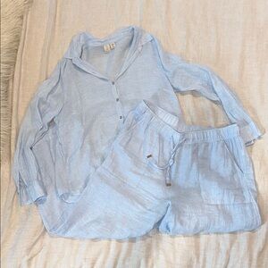 Light Blue 100% linen Joie beach set long sleeve pants